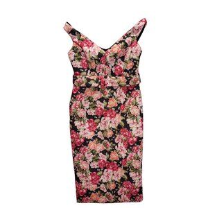 Asos Womens 10 dress black off shoulder pink roses belt scuba Party sexy Formal